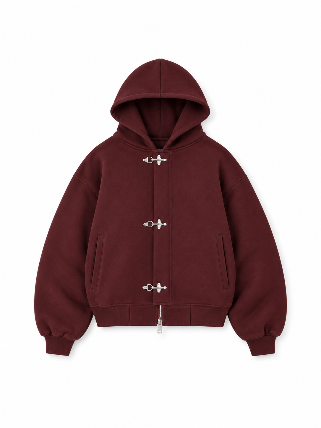 SRBL Hardware Clasp Jacket in Burgundy — front view, heavyweight cotton fleece and three silver-tone clasps