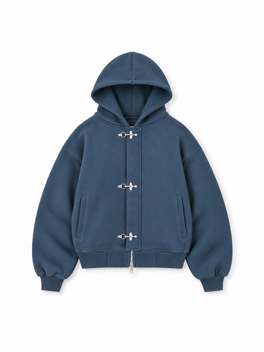 SRBL Hardware Clasp Jacket in Petrol Blue — front view, heavyweight cotton fleece and three silver-tone clasps